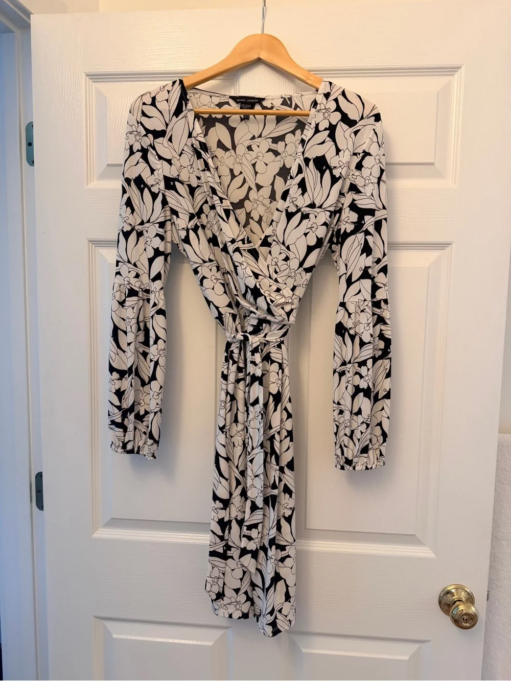 Maggy London Black & White Floral Wrap Dress - Long Sleeve